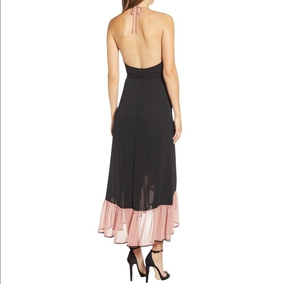 MISA Domanik Ruffle Halter Chiffon Wrap Dress Black Pink - Picture 5 of 12